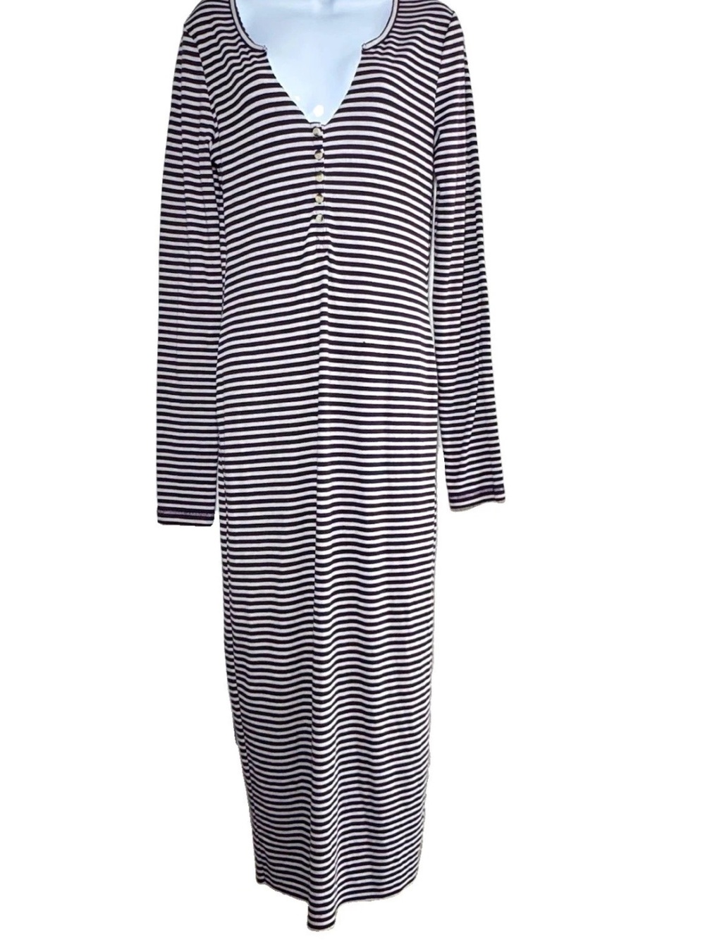 Free People FP Beach Henley Maxi Dress Large Striped Purple Grey Long Sleeve